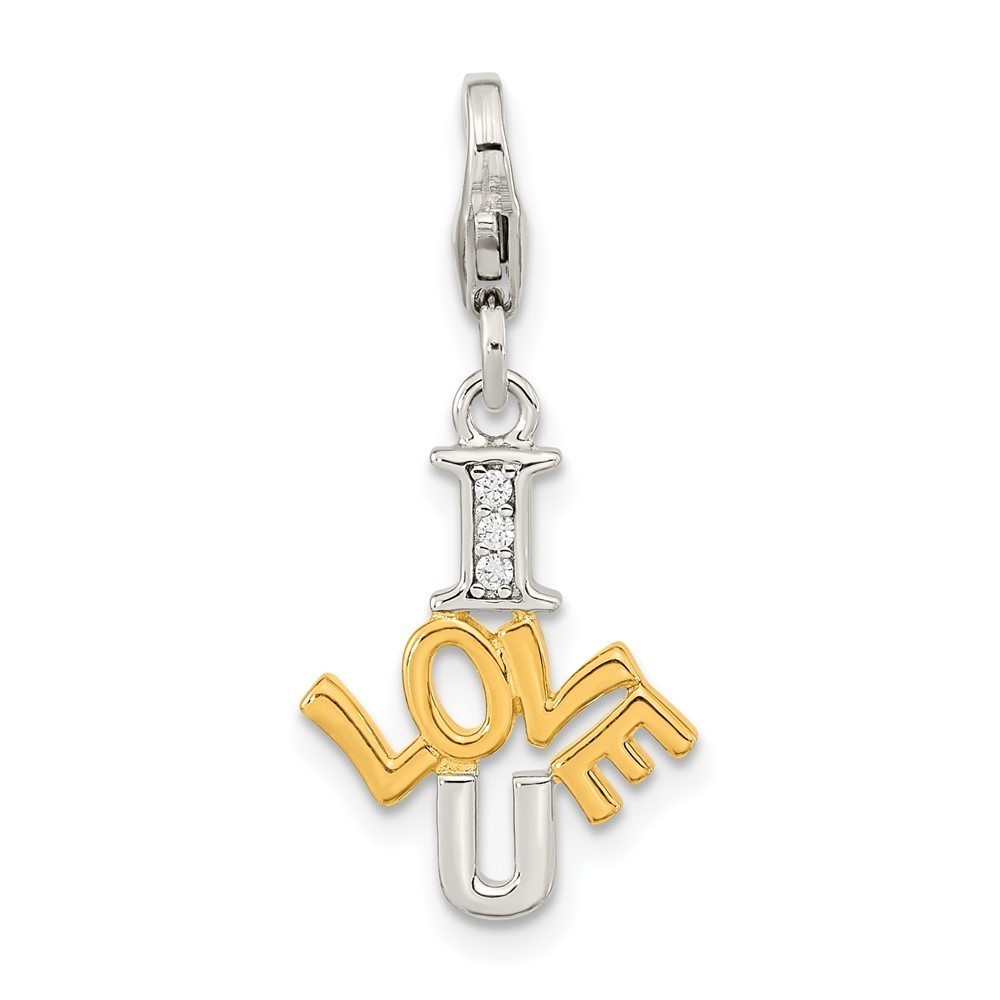 Sterling Silver & Gold-plated Polished CZ I LOVE U Bracelet Charm Lobster Clasp